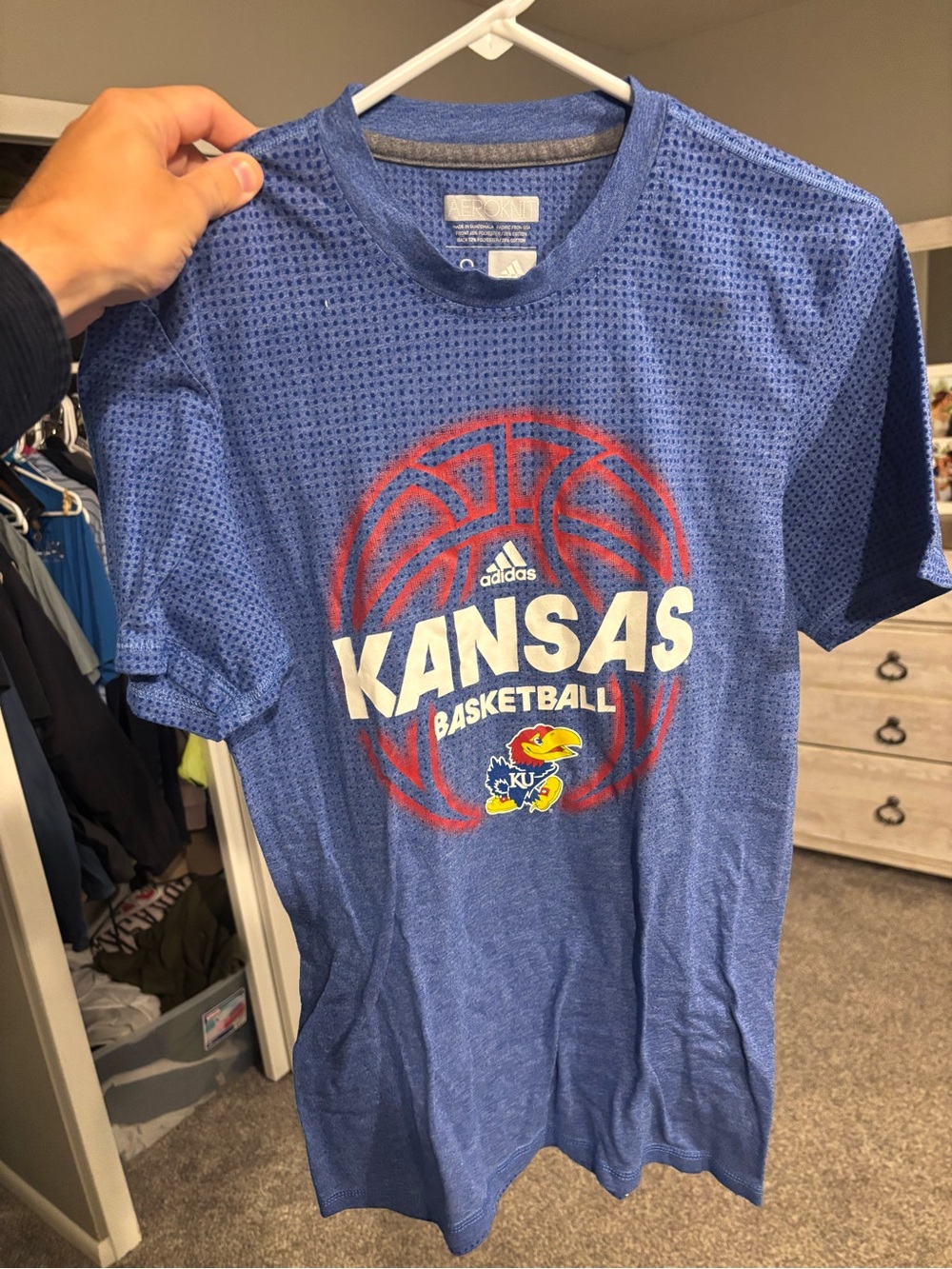 VTG aero adidas Blue Kansas Basketball Tee with Red & White Graphic